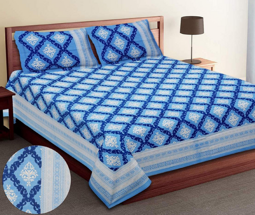 Ethnic Blue Cotton Double Bed Sheet With Pillow Cover