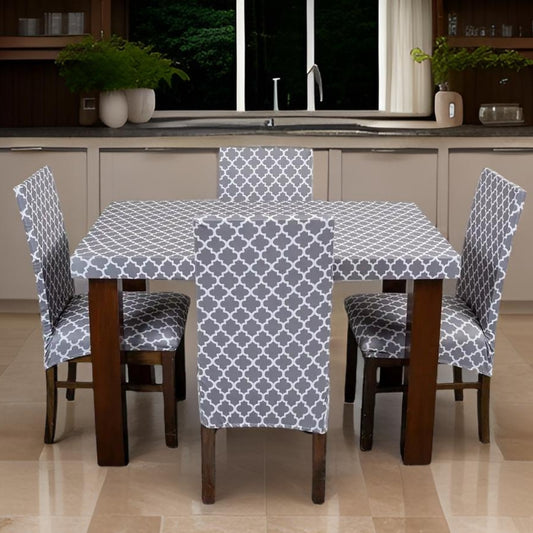 Trendily Premium Dining Table & Chair Cover Combo Elastic Chairs | Wrinkle-Free | Stretchable | Washable Printed- Grey Diamond  (TCC-043)