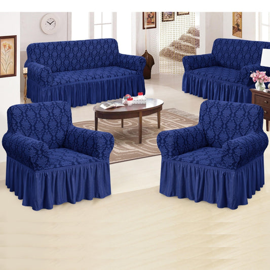 Trendily Premium Wrinkle-Free | Elastic Stretchable | Damask Frill Sofa Cover| Navy Blue (SC-087)