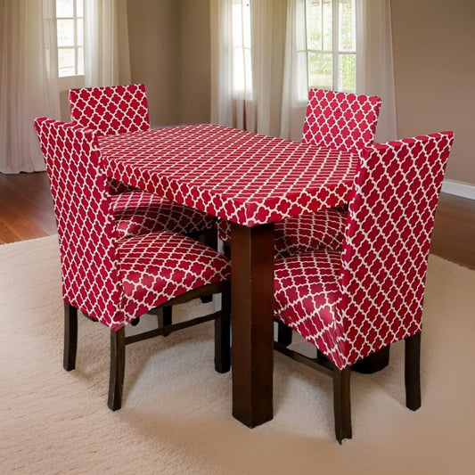 Trendily Premium Dining Table & Chair Cover Combo Elastic Chairs | Wrinkle-Free | Stretchable | Washable Printed- Red Diamond (TCC-045)