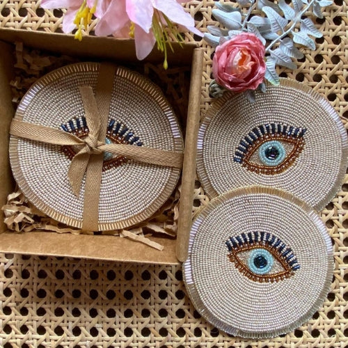 Trendily Evil Eye Tea Coaster in Rich Golden and Evil Blue