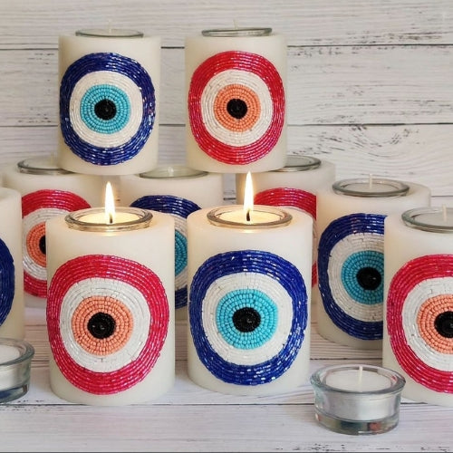 🧿 Trendily Pink Evil Eye | Nazaria Candle in Round Shape: Powerful Protection, Positive Vibes, and Negative Energy Removal(Candle Holder)