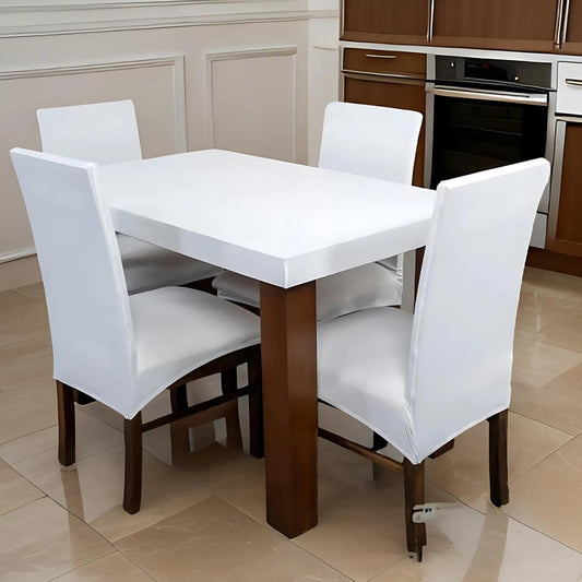 Trendily Premium Dining Table & Chair Cover Combo Solid Elastic Chairs | Wrinkle-Free | Stretchable | Washable Printed - White (TCC-052)