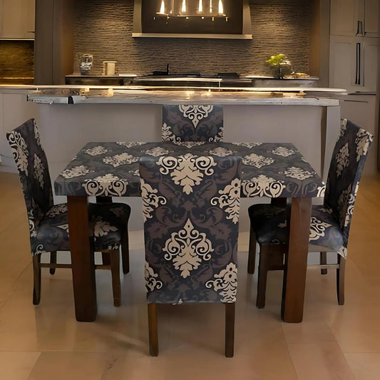 Trendily Premium Dining Table & Chair Cover Combo Ethnic Elastic | Wrinkle-Free | Stretchable | Washable Printed- Black & Beige (TCC-042)