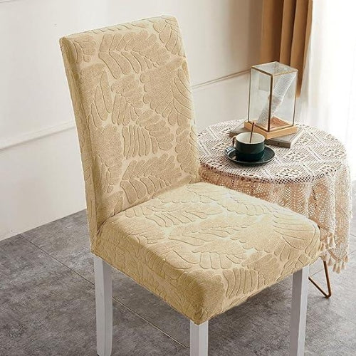 Trendily Premium Wrinkle-Free Stretchable With Elastic Bottom Emboss Leaf Chair Covers | Beige | (CC-174)