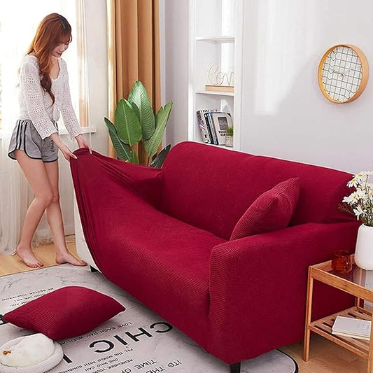 Trendily Emboss Elastic Universal Stretchable Sofa Cover Polar Fleece Maroon (SC-033)