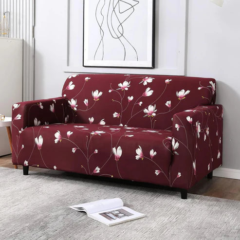 Trendily Premium Wrinkle-Free Elastic Stretchable | Washable| Elastic Sofa Cover - Wine red Flowers (SC-046)