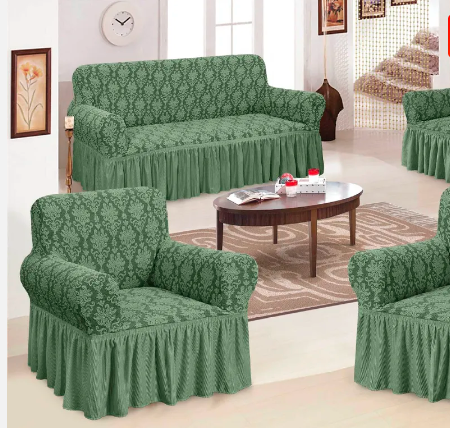 Trendily Premium Wrinkle-Free | Elastic Stretchable | Damask Frill Sofa Cover| Sea Green (SC-091)