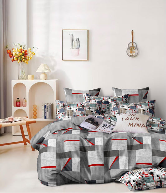 Mix & Match Collection Printed King Size Bedsheet With Contrast Pillow Covers (BS-061)