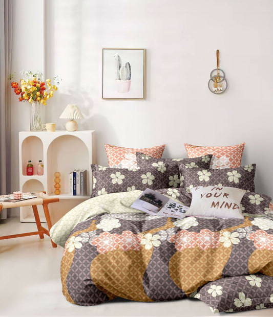 Mix & Match Collection Printed King Size Bedsheet With Contrast Pillow Covers (BS-064)