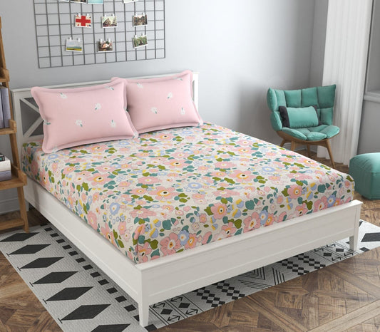 Blossom collection Printed King Size Bedsheet With Contrast Pillow Covers (BS-058)