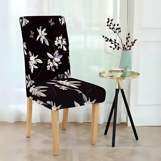 Trendily Premium Wrinkle-Free Stretchable | Washable Printed Chair Covers | Black Flower (CC-075)