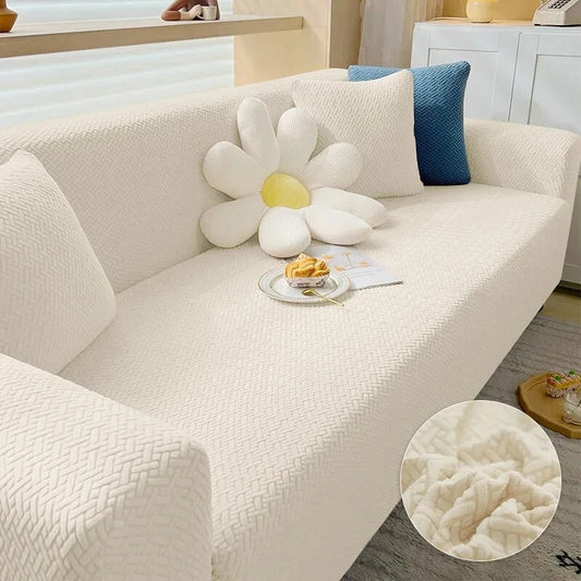 Trendily Emboss Elastic Universal Stretchable Sofa Cover Polar Fleece Cream (SC-034)
