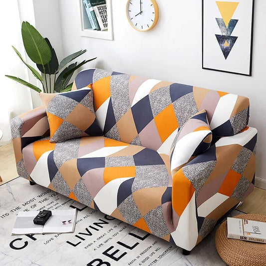 Trendily Elastic Universal Stretchable Sofa Cover Orange Geometric (SC-027)
