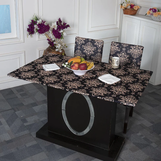 Trendily Premium Wrinkle-Free | Elastic Stretchable | Washable Plain |Only Dining Table Cover  - Black Damask (TC-014)