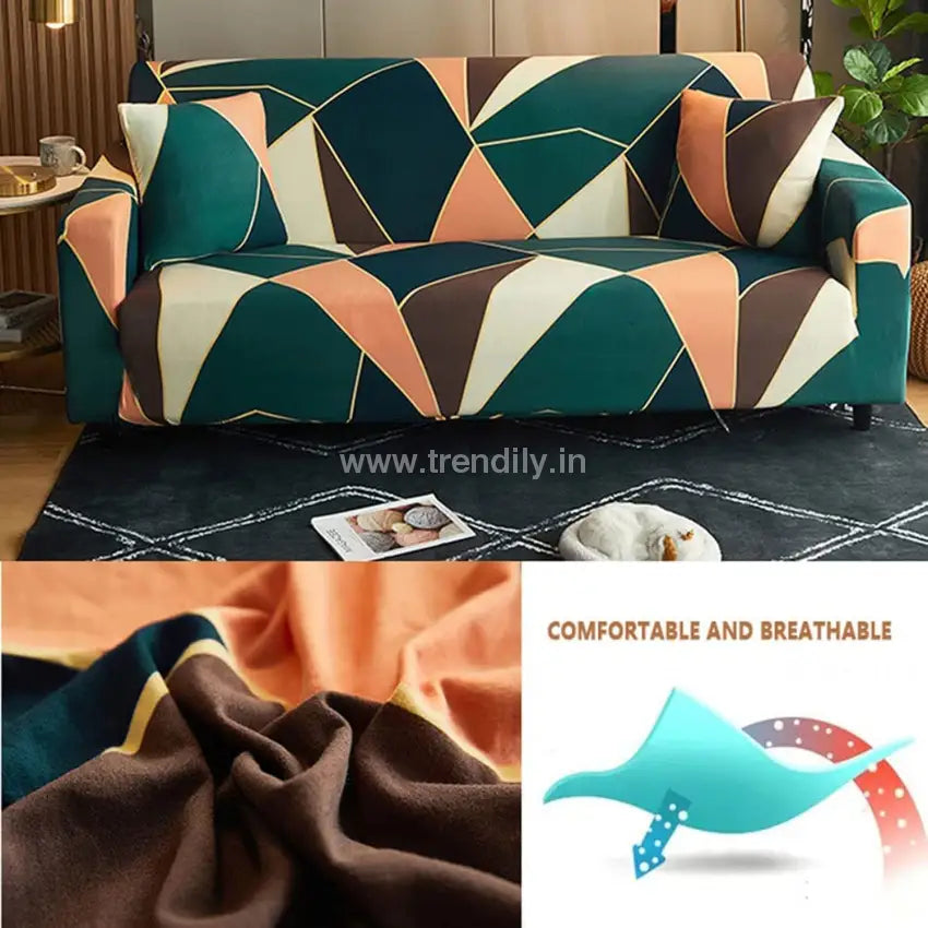 Trendily 3 Seater Elastic Universal Stretchable Sofa Cover Green Peach Prism (Sc-018)