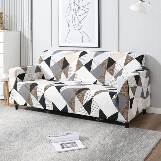 Trendily 3 Seater Elastic Universal Stretchable Sofa Cover Grey Brown Geometric (Sc-020)