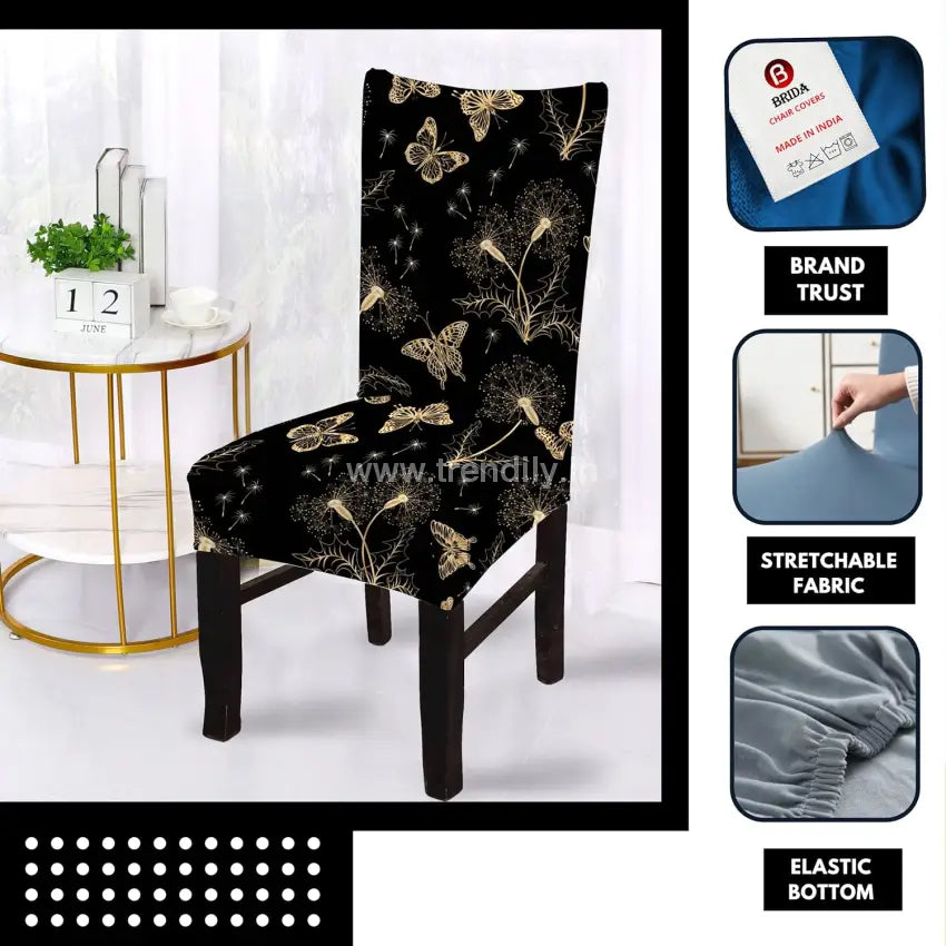 Trendily Brida Stretchable Floral Geometric Printed Chair Covers Black Butterfly (Cc-082)
