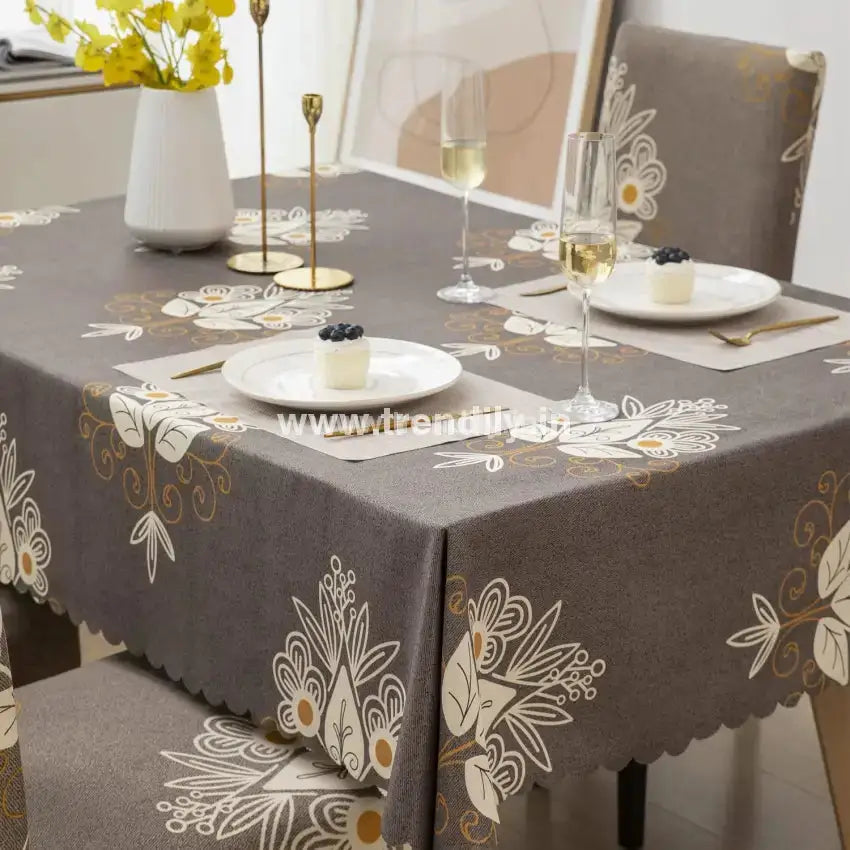 Trendily Premium Dining Table & Chair Cover Combo - Beige Brocade