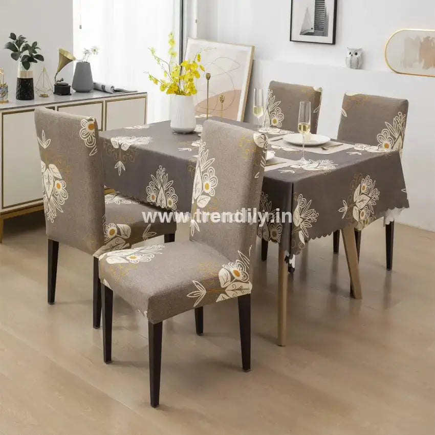 Trendily Premium Dining Table & Chair Cover Combo - Beige Brocade