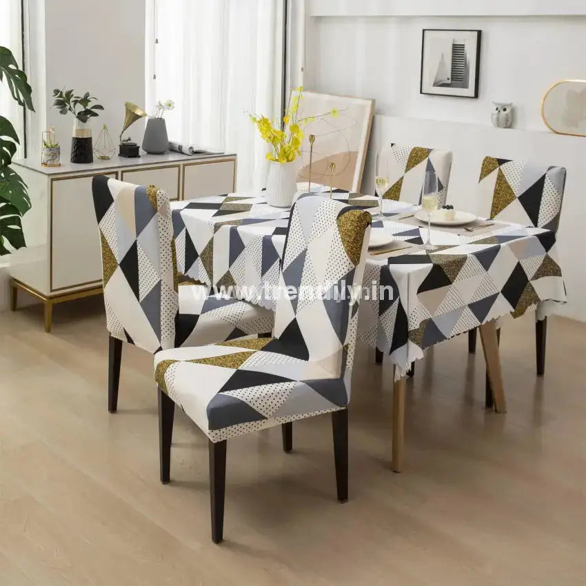 Trendily Premium Dining Table & Chair Cover Combo - Geometric Brown