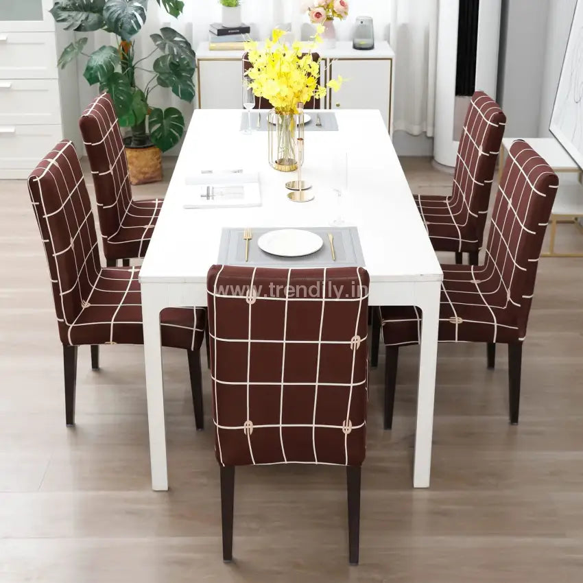 Trendily Stretchable Chair Covers Check Brown