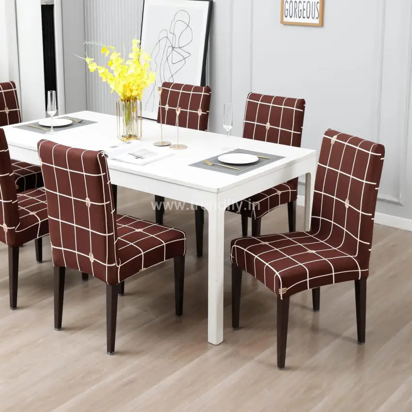 Trendily Stretchable Chair Covers Check Brown